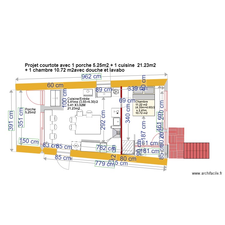 plan courtote après  travaux avec cuisine + chambre sdb petite. Plan de 0 pièce et 0 m2