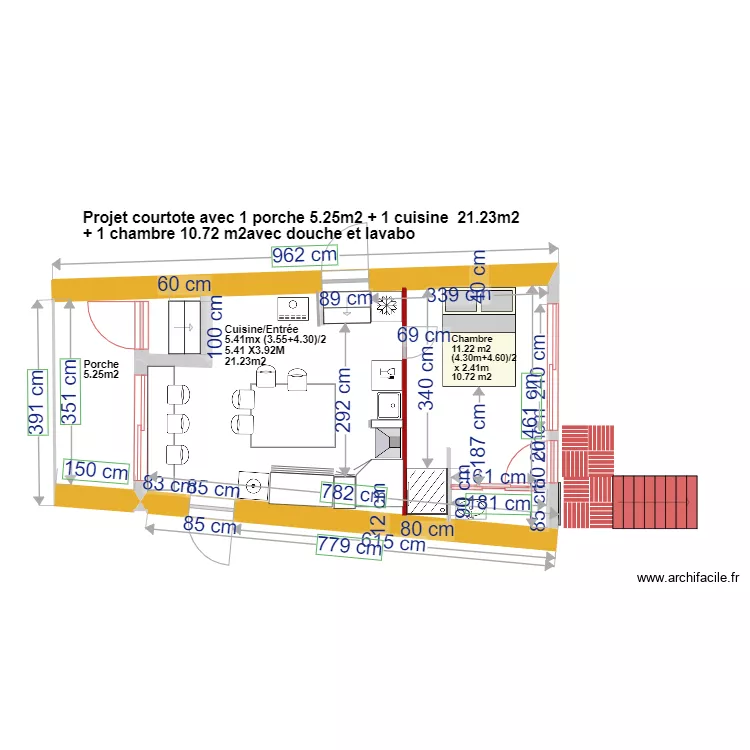 plan courtote apr&egrave;s  travaux avec cuisine + chambre sdb petite. Plan de 