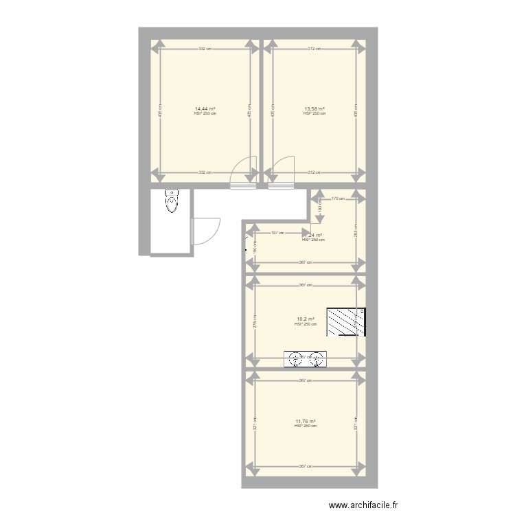 cir2 nuit. Plan de 5 pièces et 57 m2