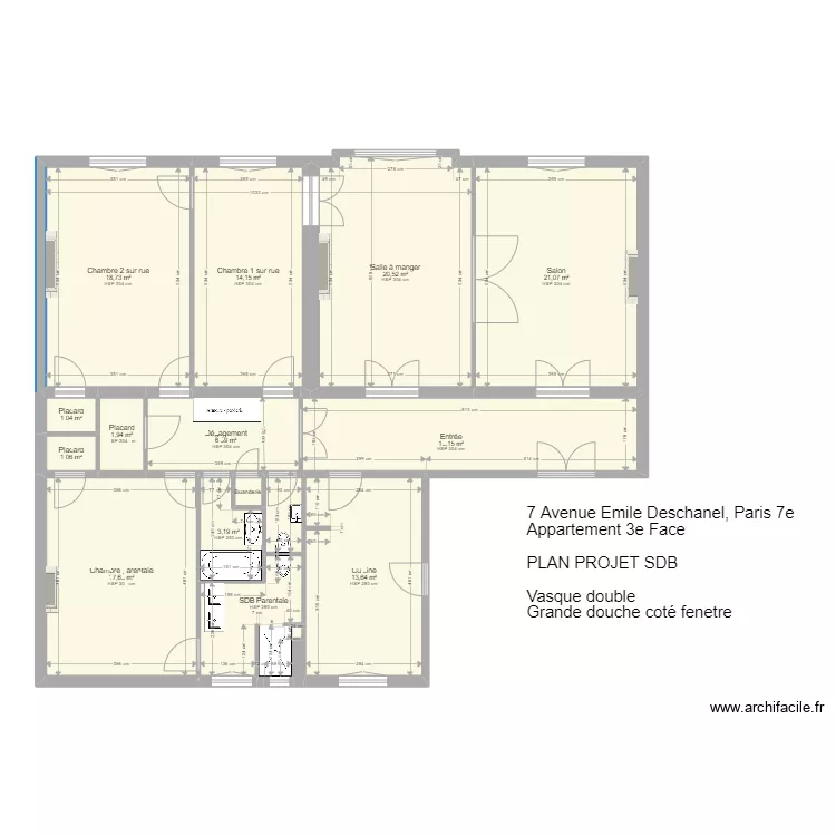 7 Emile Deschanel PROJET SDB Vasque double et grande douche cot&eacute; fenetre. Plan de 