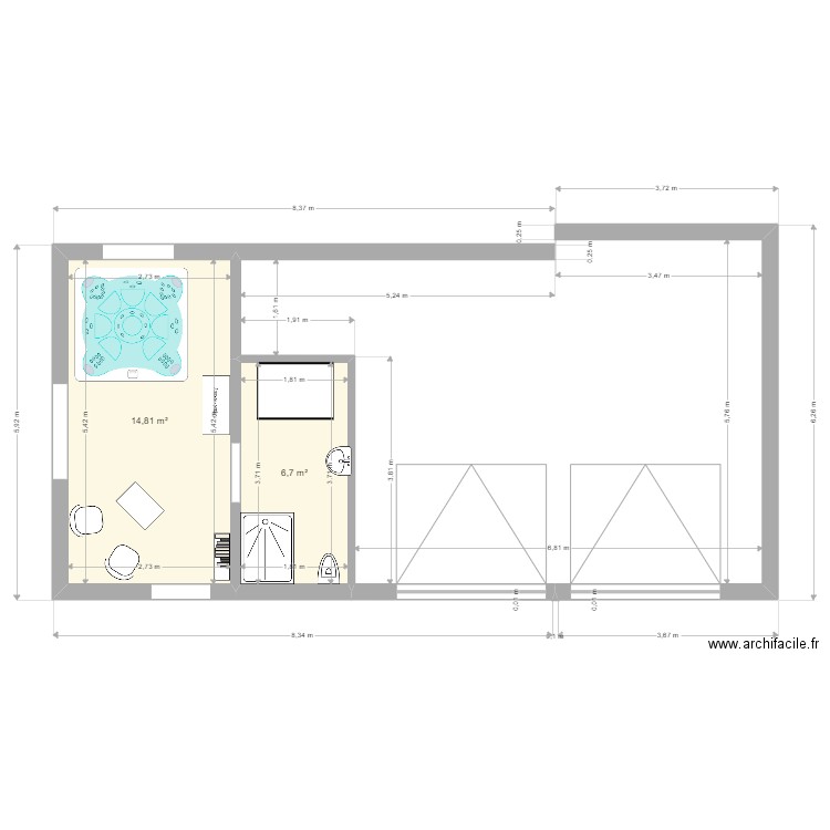 Sous sol SPA. Plan de 2 pièces et 22 m2