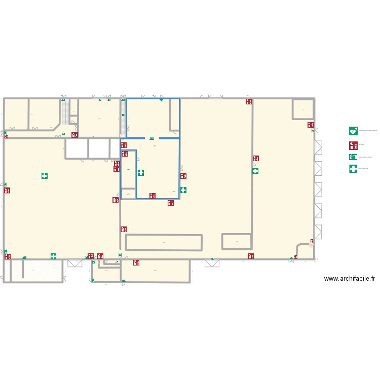 LP  Plan extincteurs. Plan de 14 pièces et -62 m2