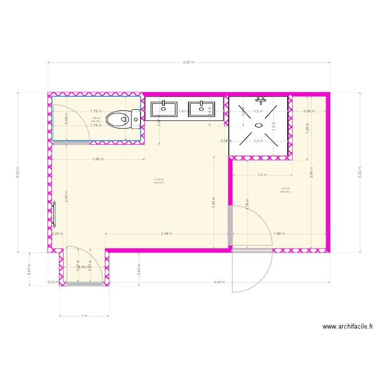 salle de bains version 3. Plan de 3 pièces et 17 m2