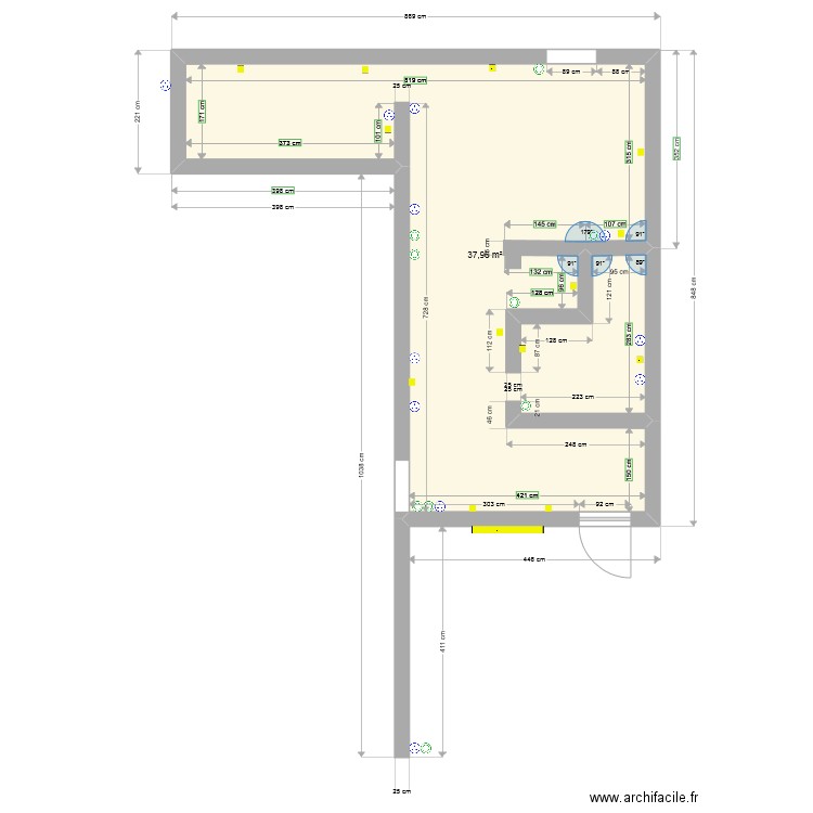 rdc. Plan de 1 pièce et 38 m2