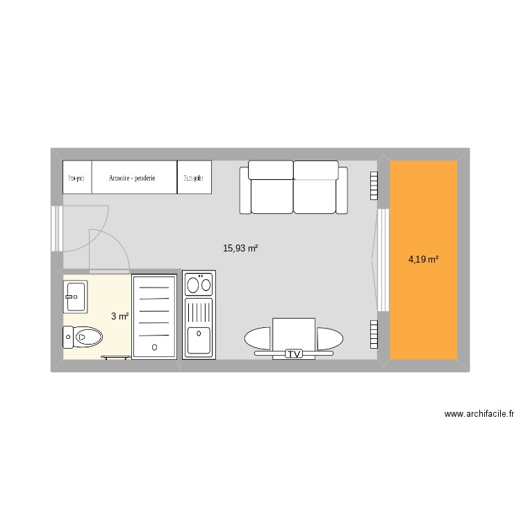 Studio Montagne. Plan de 3 pièces et 23 m2