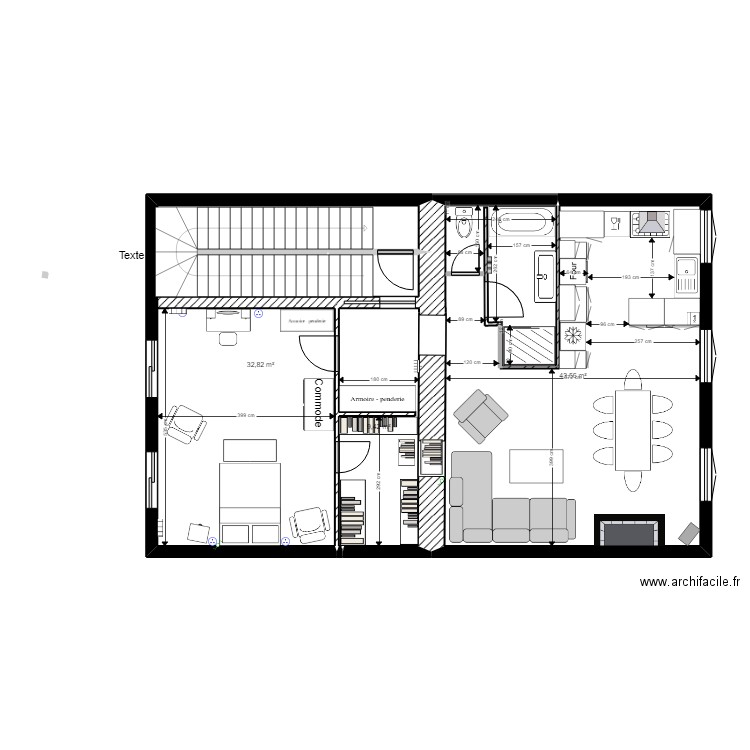 appart 2eme etage grande chambre modif SDB. Plan de 3 pièces et 86 m2