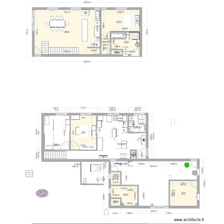 Plan du bas. Plan de 12 pièces et 132 m2