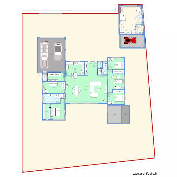 maison plein pied en H. Plan de 