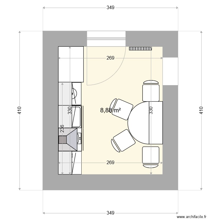 cuisine la petite fugue. Plan de 1 pièce et 9 m2