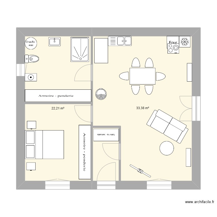 chambre devant porte chambre sur salle. Plan de 2 pièces et 56 m2