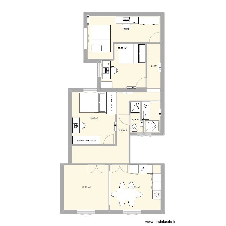 Chambre enfant . Plan de 7 pièces et 72 m2