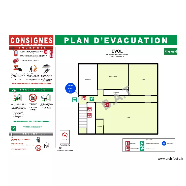 Plan d'&eacute;vacuation Niv -1 EVOL. Plan de 8  et 133 m²
