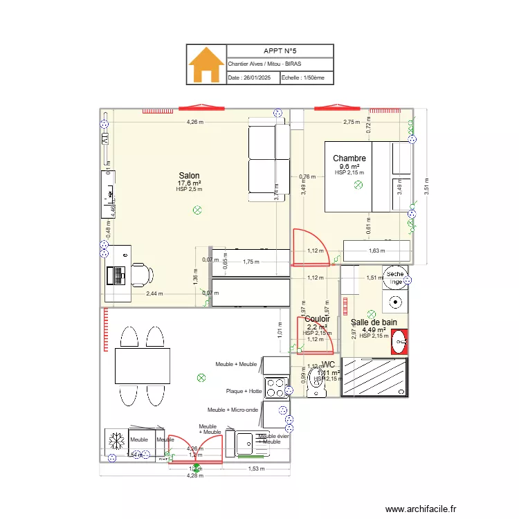 APPART N&deg;5 pi&egrave;ces am&eacute;nag&eacute;es 26 01 25. Plan de 6  et 36 m²