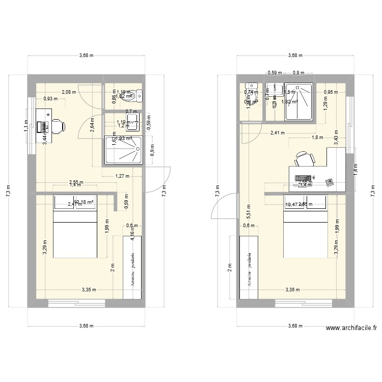 Chambres filles. Plan de 6 pièces et 44 m2