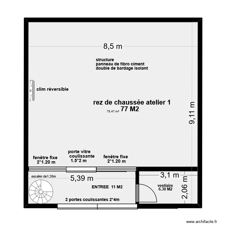rez de chauss&eacute;e atelier 1. Plan de 3  et 154 m²