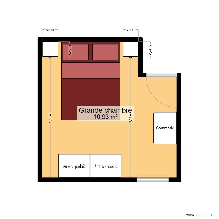 Grande chambre. Plan de 1 pièce et 11 m2