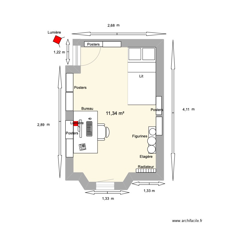 Plan lumière MC 2. Plan de 1 pièce et 11 m2