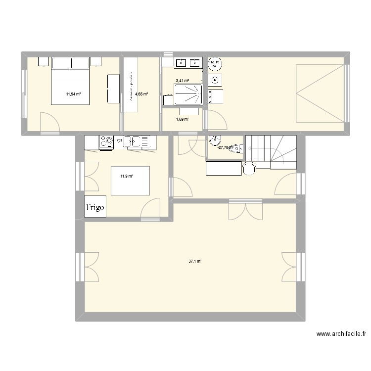 Projet chambre. Plan de 7 pièces et 72 m2