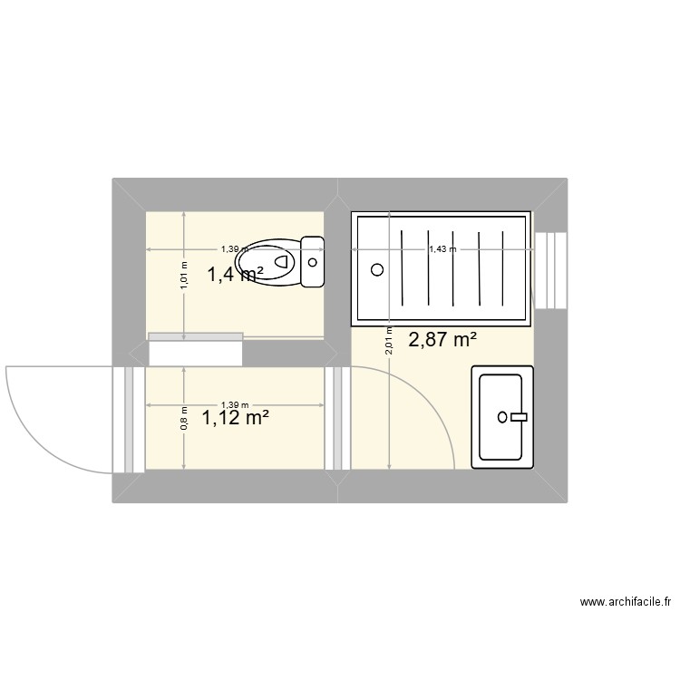 WC salle d'eau revue. Plan de 3 pièces et 5 m2