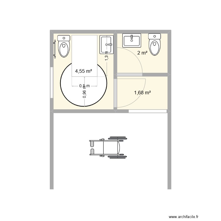 Toilettes. Plan de 3 pièces et 8 m2