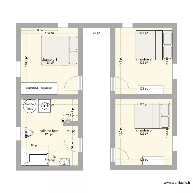 section famille - avec chambres. Plan de 4 Pièces et 45 m² section famille - avec chambres. Plan de 4 Pièces et 45 m²