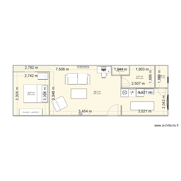 poissybj. Plan de 5 pièces et 44 m2