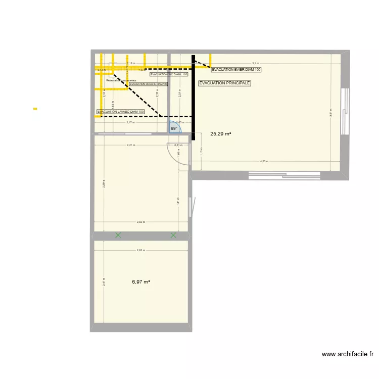 IMPLANTATION EVACUATION. Plan de 3  et 37 m²