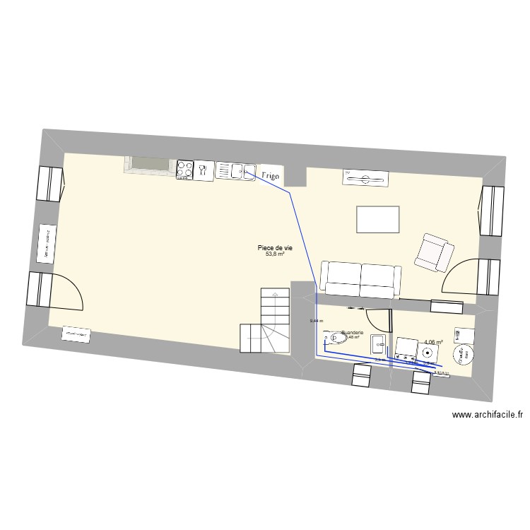 Maison R D C réseau Eau. Plan de 3 pièces et 61 m2