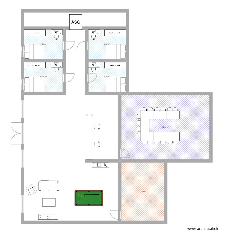 hotel. Plan de 6 pièces et 110 m2