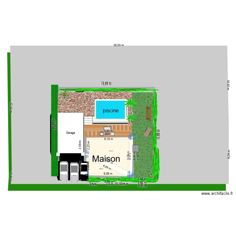 piscine JP. Plan de 3 pièces et 32 m2