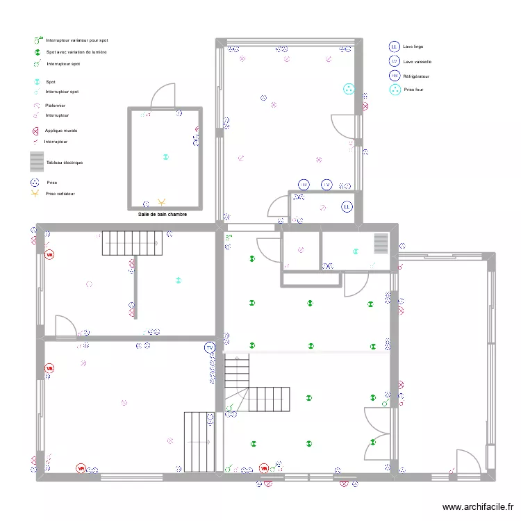 Plan rez de chauss&eacute; &eacute;lectricit&eacute;. Plan de 10 pièces et 145 m²