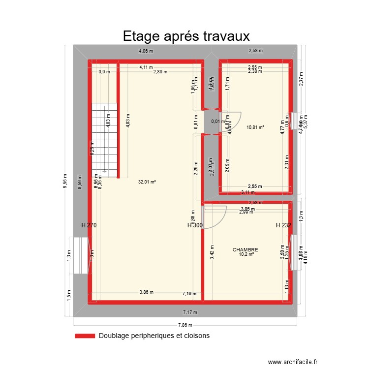 Plan etage aprés travaux location n7. Plan de 6 pièces et 53 m2