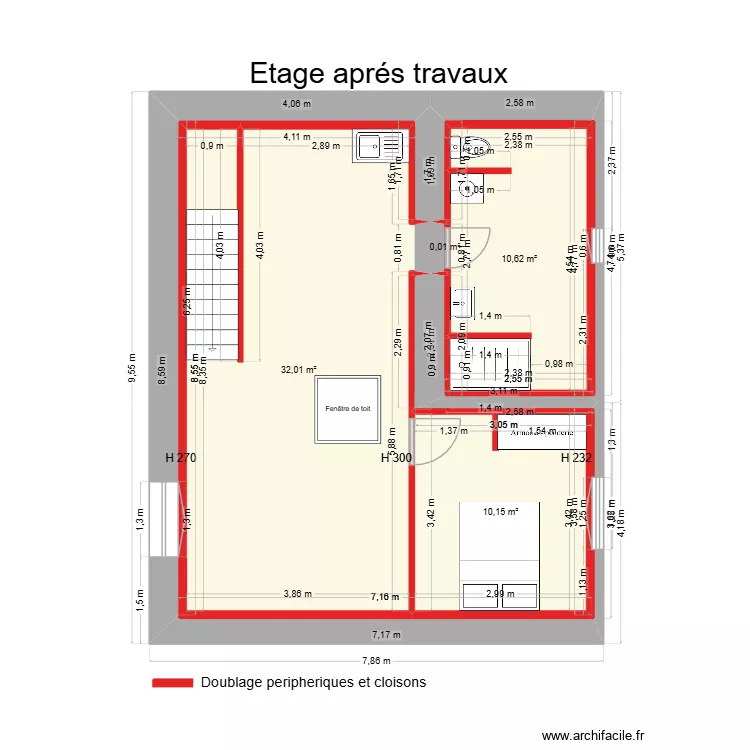 Plan etage apr&eacute;s travaux location n7. Plan de 6 pièces et 53 m²