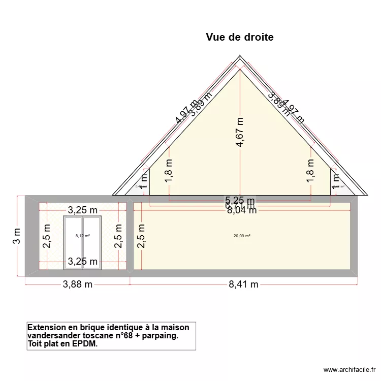 vue cot&eacute; droit. Plan de 2  et 28 m²