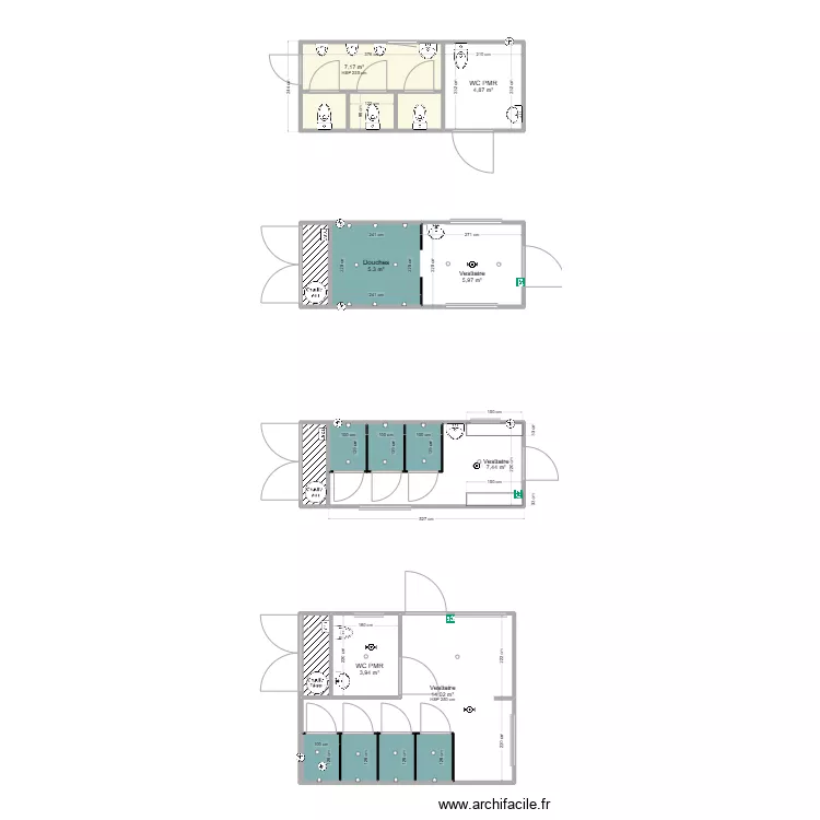 Vestiaire 14 m&sup2; avec WC. Plan de 