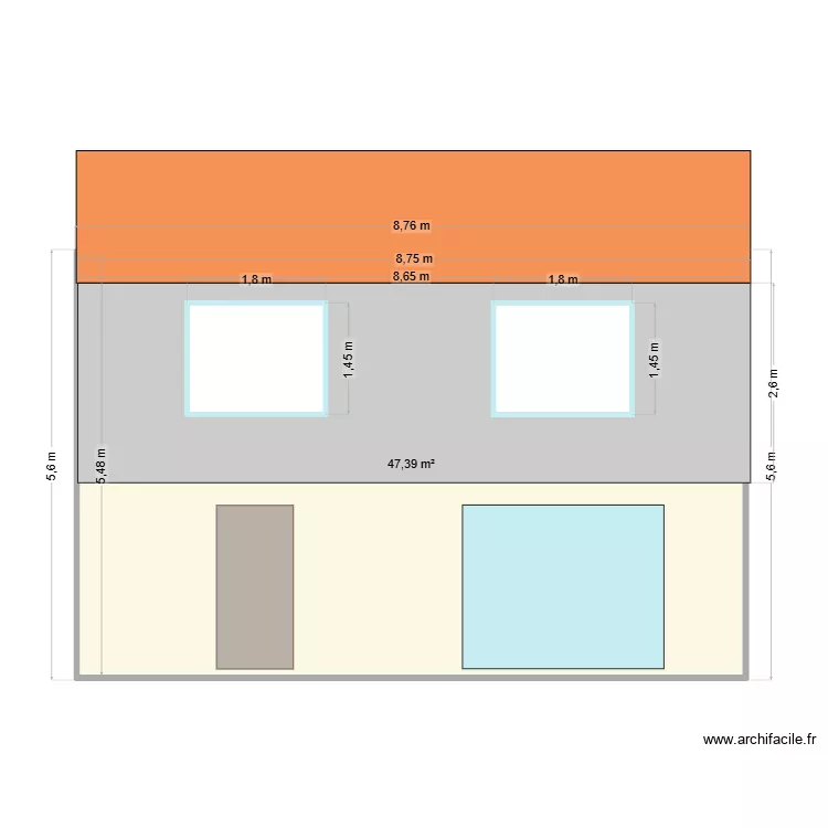 Fa&ccedil;ade 2 fentres baies. Plan de 1 pièce et 47 m²