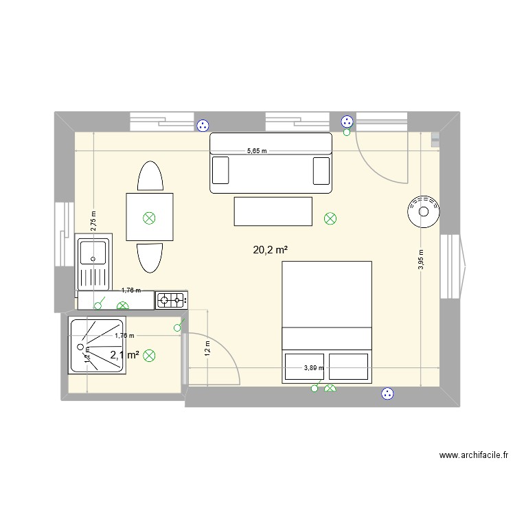Habitat satelitte. Plan de 2 pièces et 22 m2