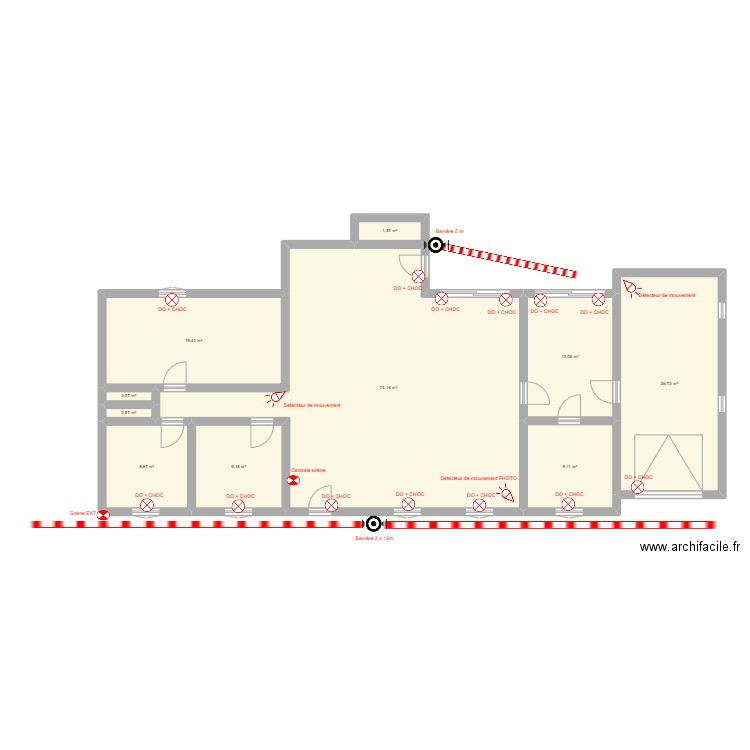 Alarme. Plan de 10 pièces et 163 m2