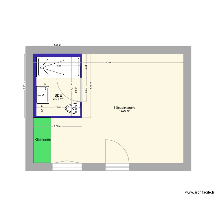 studio. Plan de 2 pièces et 22 m2