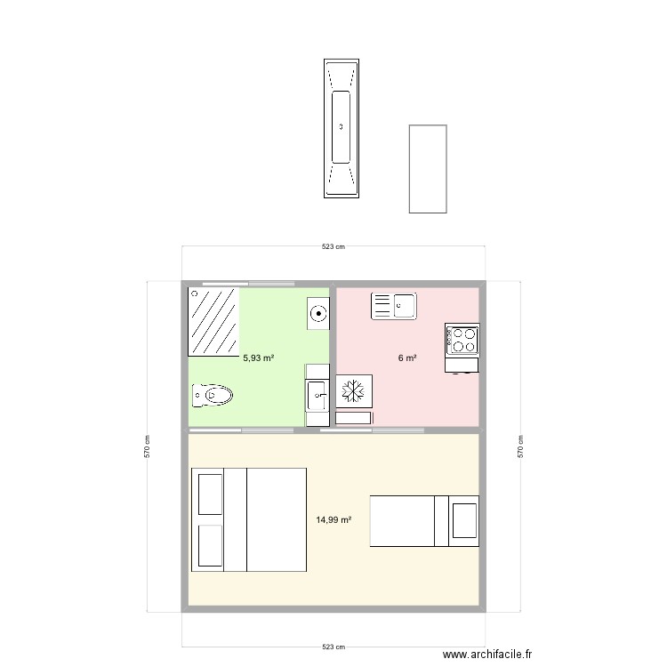 Vaiharo. Plan de 3 pièces et 27 m2