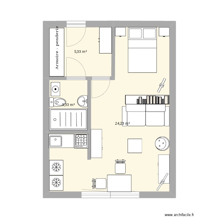 studio1. Plan de 3 pièces et 33 m2