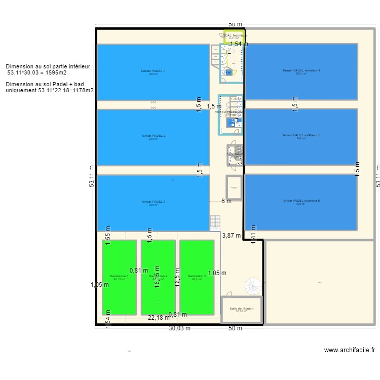 OMG Padel projet initial. Plan de 37 pièces et 4146 m2