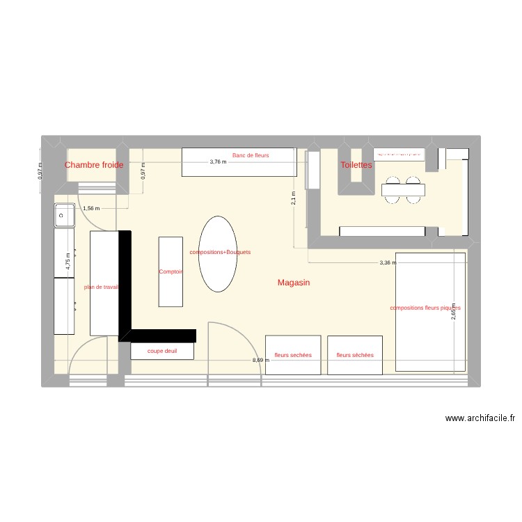 magasin petite graine. Plan de 4 pièces et 38 m2