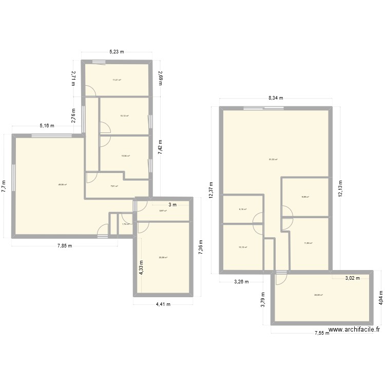 513. Plan de 14 pièces et 233 m2