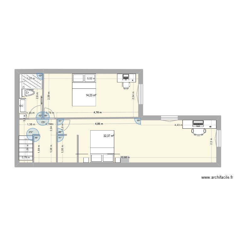 Maison. Plan de 2 pièces et 47 m2