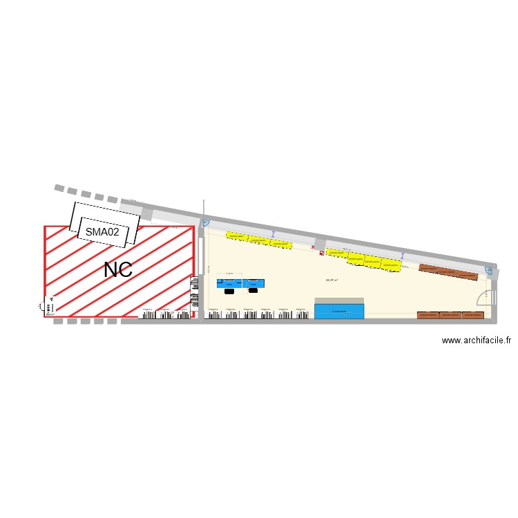 zone kitting log aval actuel. Plan de 1 pièce et 62 m2