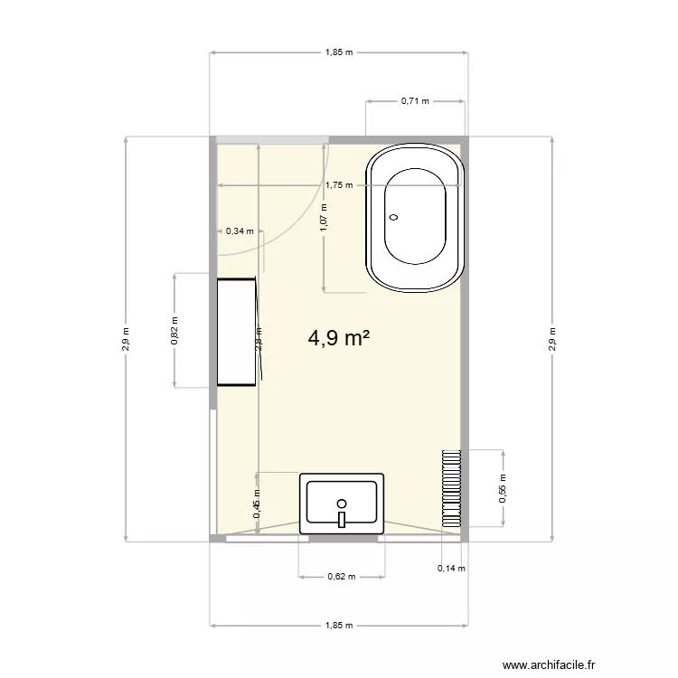 salle de bain. Plan de 1  et 5 m²