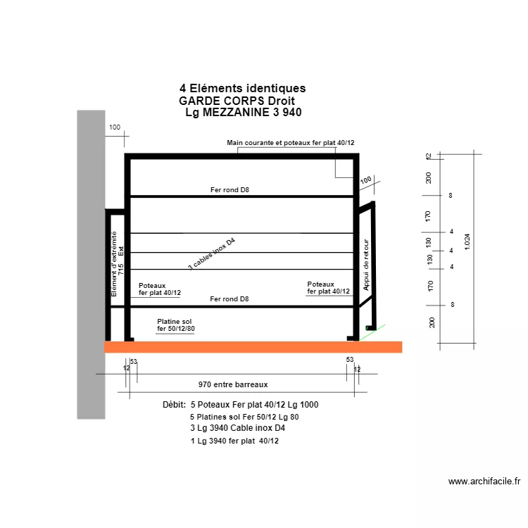 Garde coprs mezzanine Droit. Plan de 