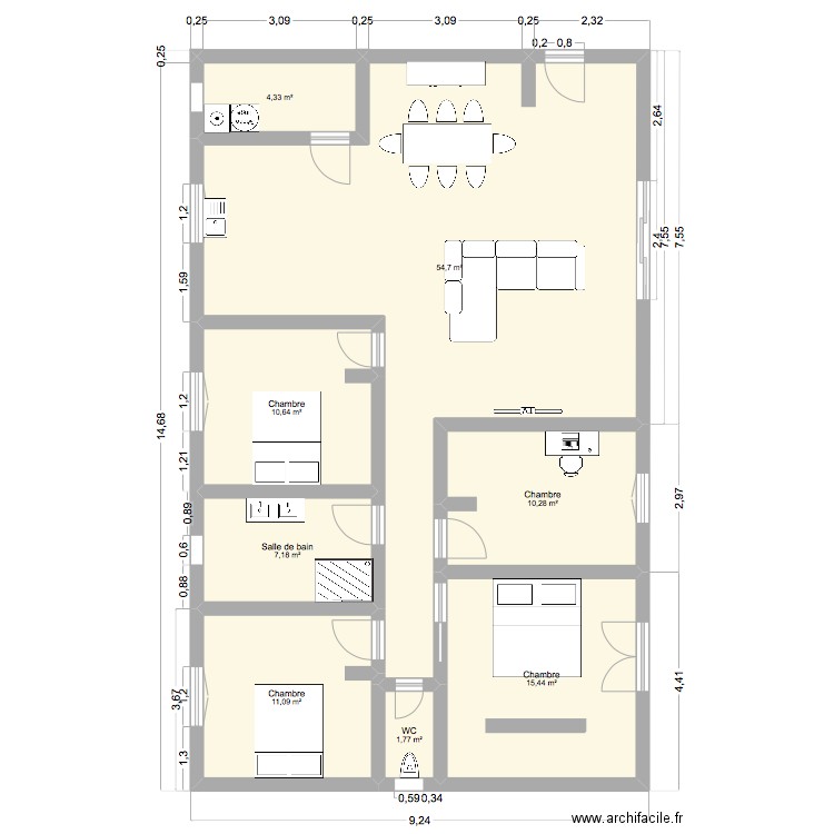 plan A1. Plan de 8 pièces et 115 m2
