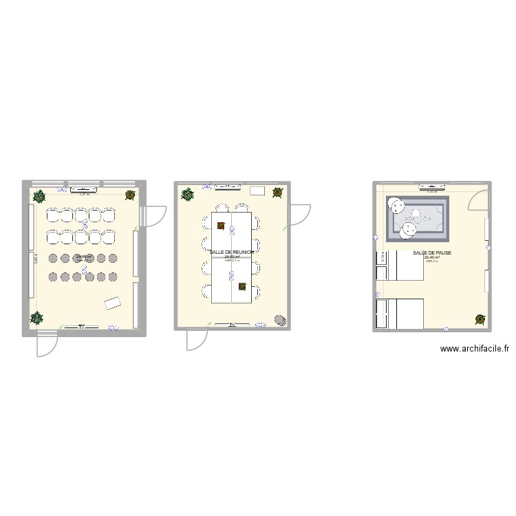 SALLE REUNION + SALLE DE PAUSE ok. Plan de 3 pièces et 75 m2